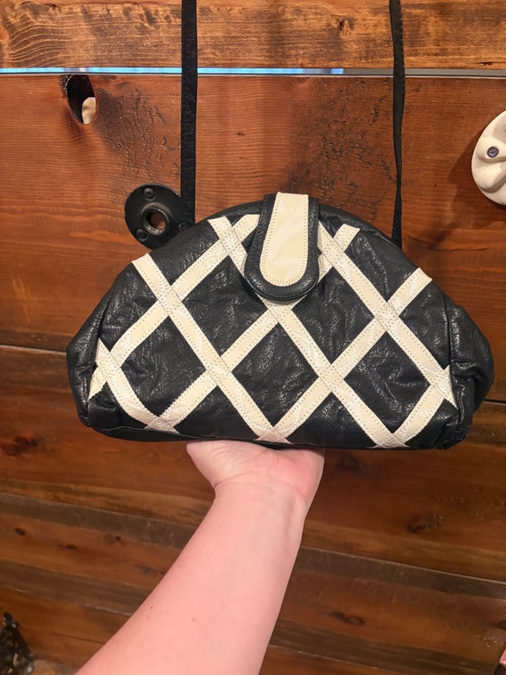 Vintage Leather Black and Cream Lattice Quilted Shoulder Bag